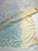 Feather Damask Shiny Sequin Design on a 4 Way Stretch mesh Fabric - Prom Night - Sold by The Yard. - New Creations Fabric & Foam Inc