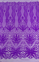 Feather Damask Shiny Sequin Design on a 4 Way Stretch mesh Fabric - Prom Night - Sold by The Yard. - New Creations Fabric & Foam Inc