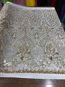 Geometric diamond design embroidery with sequins on a 4 way stretch mesh-dresses-prom-nightgown-fashion-sold by the yard.