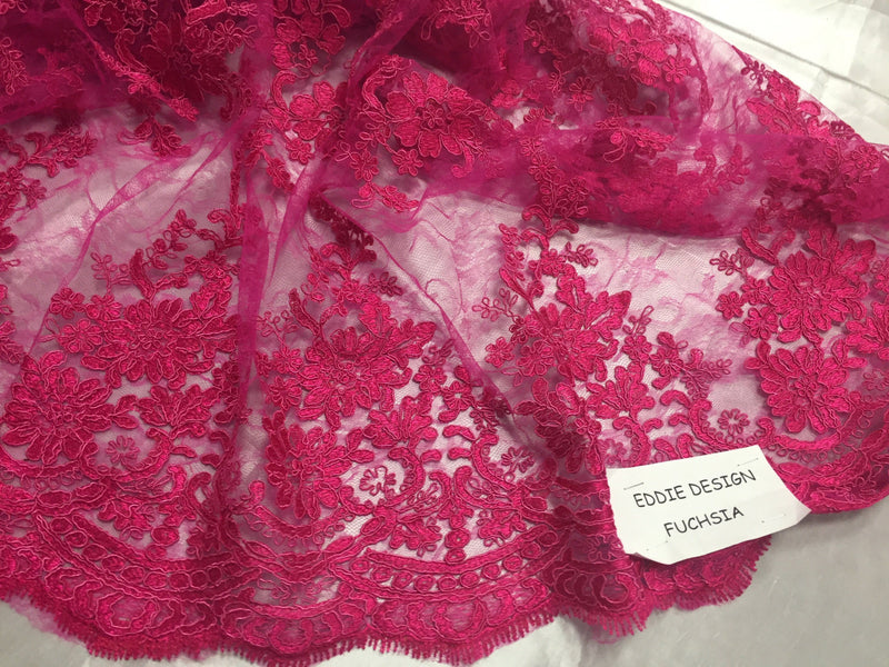 Fuchsia french corded flowers embroider on a design mesh lace fabric-sold by the yard-