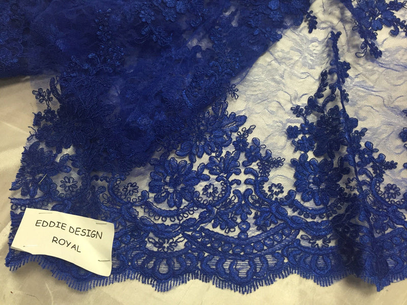 Royal blue french corded flowers embroider on a design mesh lace fabric-dresses-apparel-fashion-decorations-sold by the yard-