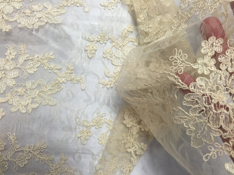 Cream french corded flowers embroider on a design mesh lace fabric-sold by the yard-