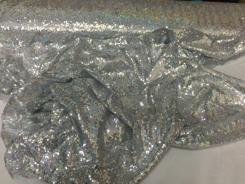 Silver-hologram mermaid fish scales-mini sequins embroider on a 2 way stretch mesh fabric-sold by the yard-