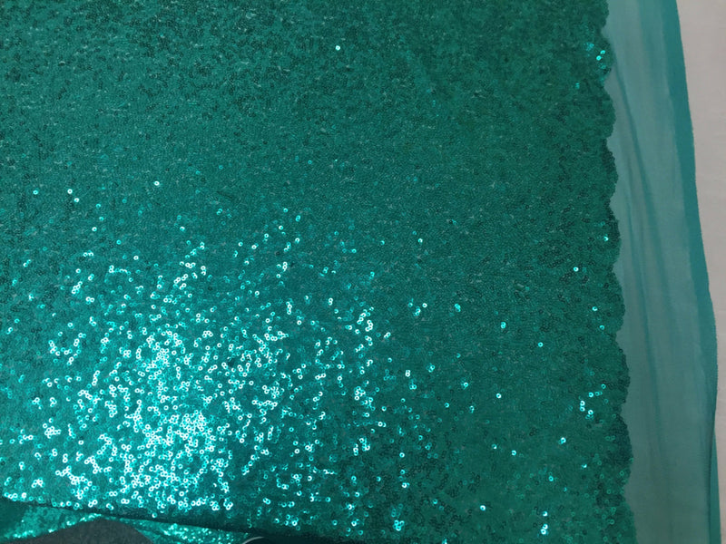 Teal green mermaid fish scales-mini sequins embroider on a 2 way stretch mesh fabric-prom-nightgown-decorations-dresses-sold by the yard-