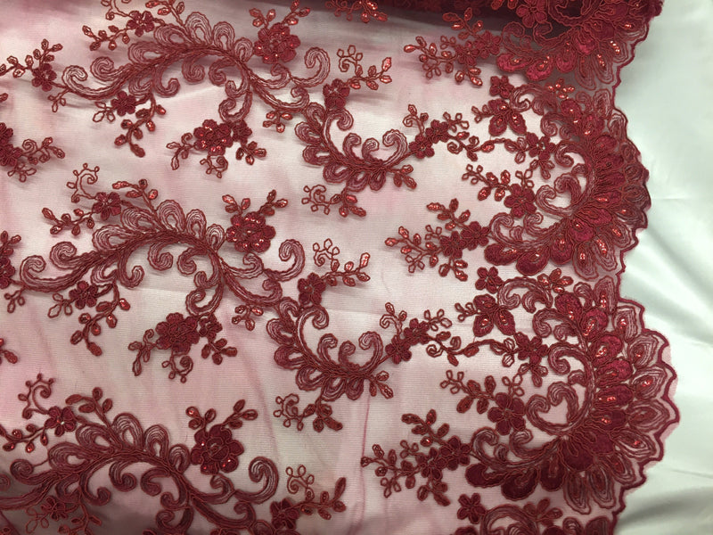 Burgundy corded french design-embroider with sequins on a mesh lace fabric-prom-nightgown-decorations-sold by the yard-
