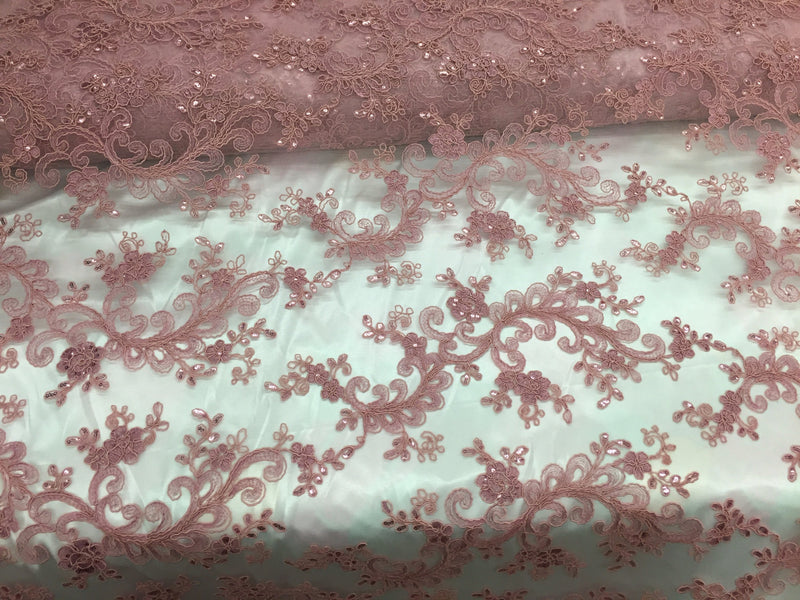 Dusty rose corded french design-embroider with sequins on a mesh lace fabric-prom-nightgown-decorations-dresses-sold by the yard-