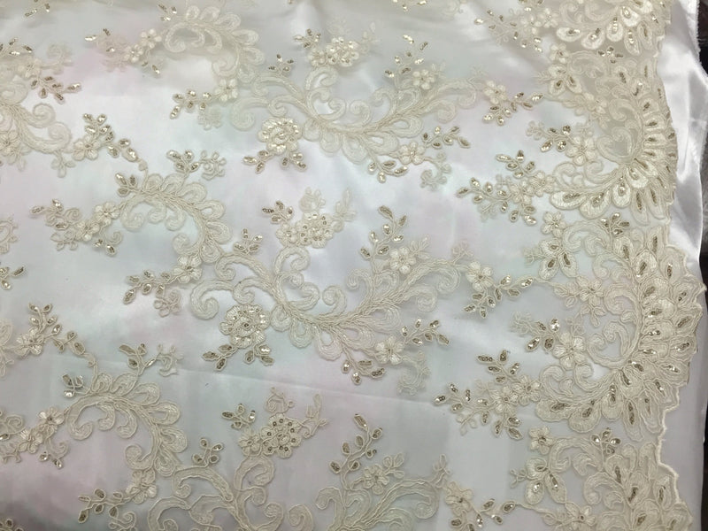 Dark ivory/beige corded french design-embroider with sequins on a mesh lace fabric-prom-nightgown-decorations-sold by the yard-