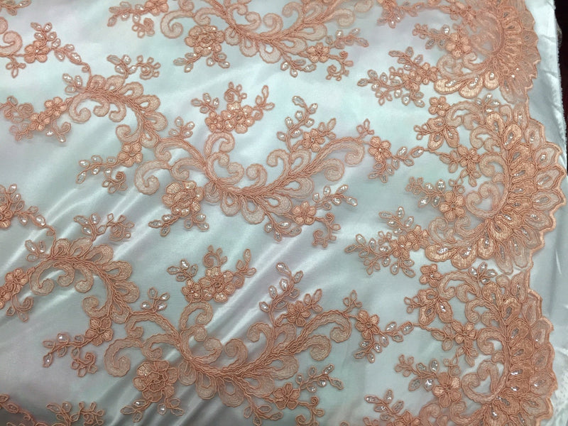 Coral corded french design-embroider with sequins on a mesh lace fabric-prom-nightgown-decorations-sold by the yard-