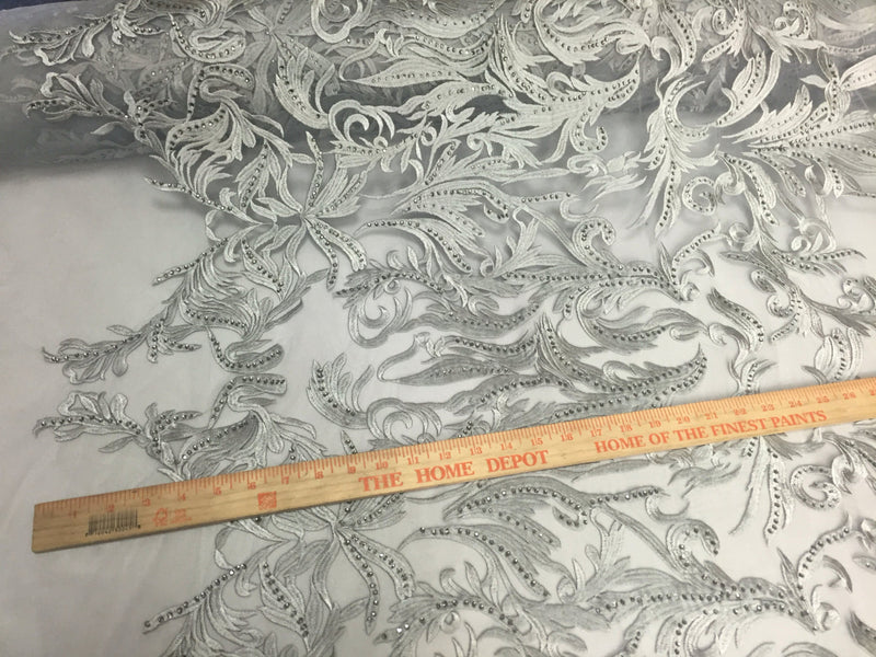 Gray rhinestone vines embroider on a mesh lace fabric - sold by yard