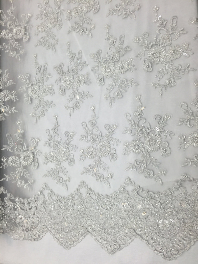 White- exquisite french design- metallic embroider on a mesh lace-wedding-bridal-prom-nightgown-sold by the yard.