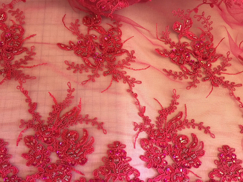 Fuchsia marvy flower design embroider with glass beads and sequins on a mesh lace-prom-nightgown-decorations-sold by the yard.