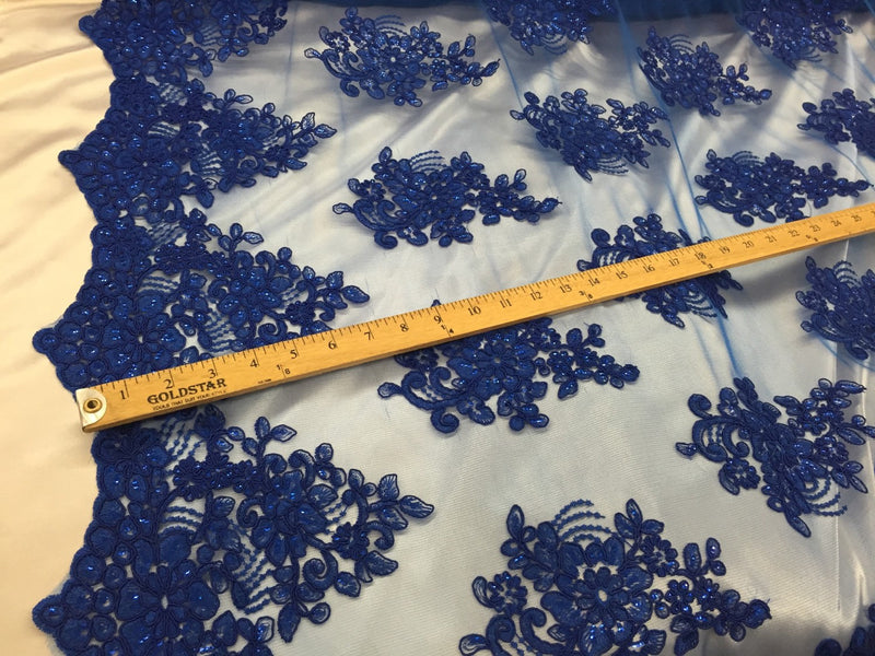 Royal blue flower lace corded and embroider with sequins on a mesh. Wedding/bridal/prom/nightgown fabric-apparel-dresses-Sold by the yard.