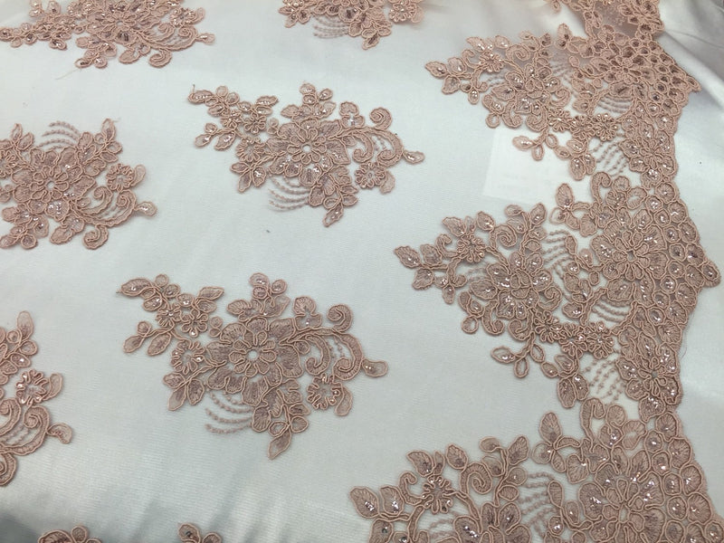 Dusty rose flower lace corded and embroider with sequins on a mesh. Wedding/bridal/prom/nightgown fabric-dresses-fashion-Sold by the yard.