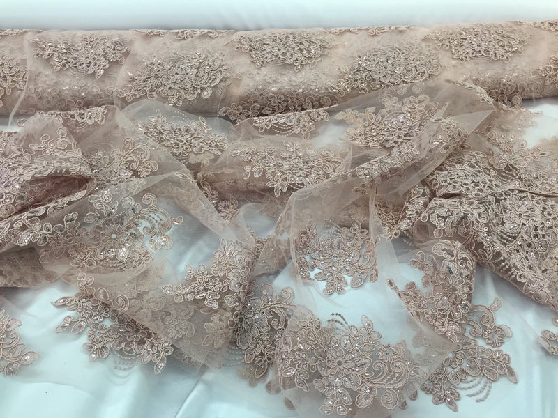 Dusty rose flower lace corded and embroider with sequins on a mesh. Wedding/bridal/prom/nightgown fabric-dresses-fashion-Sold by the yard.