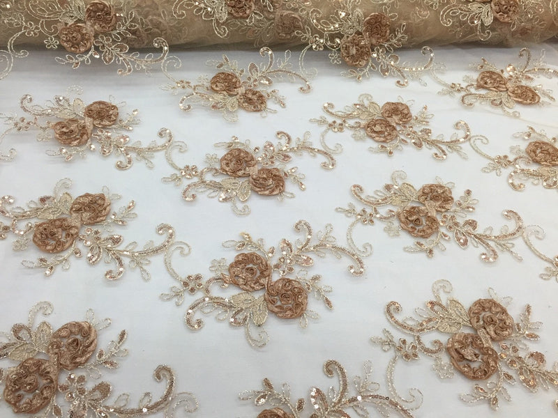 Camel 3d flowers embroider with sequins on a mesh lace fabric. Sold by the yard.