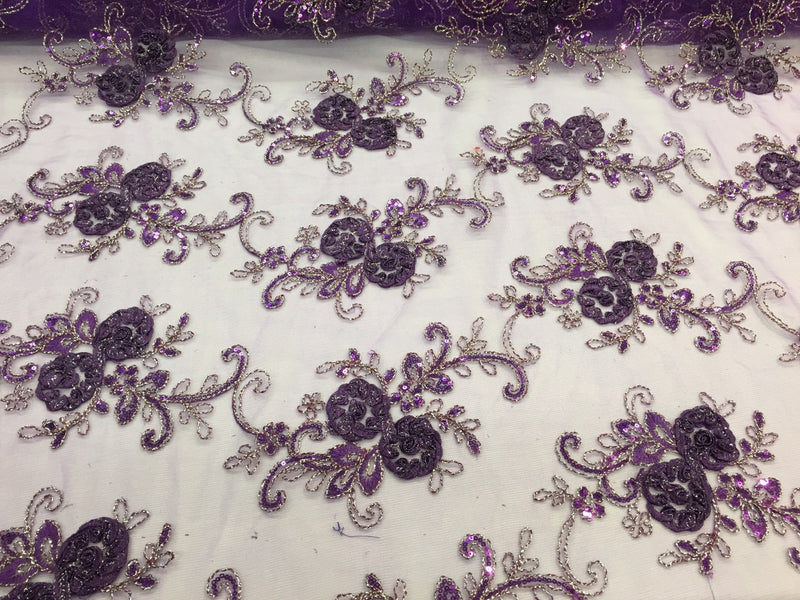 Purple 3d flowers embroider with sequins on a mesh lace fabric. Sold by the yard.