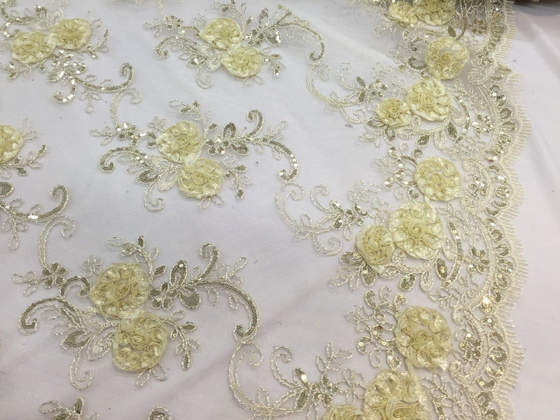Dk.ivory 3d flowers embroider with sequins on a ivory mesh lace. Wedding/bridal/prom/nightgown fabric. Sold by the yard.