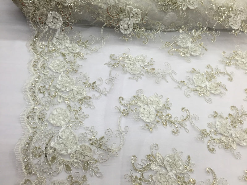 Ivory  3d flowers embroider with sequins on a mesh lace fabric. Sold by the yard.