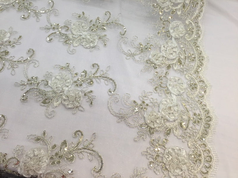 Ivory  3d flowers embroider with sequins on a mesh lace fabric. Sold by the yard.