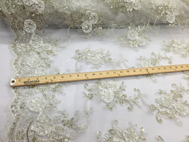Ivory 3d flowers embroider with sequins on a ivory mesh lace. Wedding/bridal/prom/nightgown fabric. Sold by the yard.