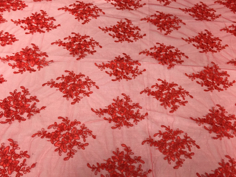 Red royal flowers embroider with sequins and corded on a mesh lace- yard