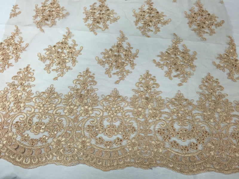 Champagne royal flowers embroider with sequins on a mesh lace -yard