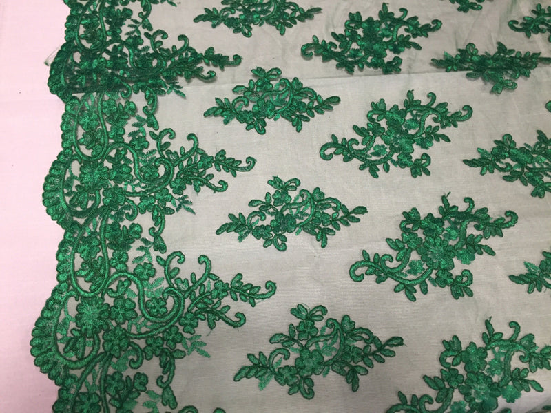 Green paisley flowers embroider on a mesh lace-dresses-fashion-decorations-apparel-prom-nightgown-sold by the yard.