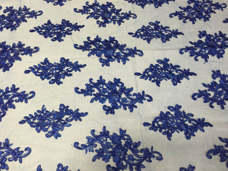 Royal blue classy paisley flowers embroider on a mesh lace-yard