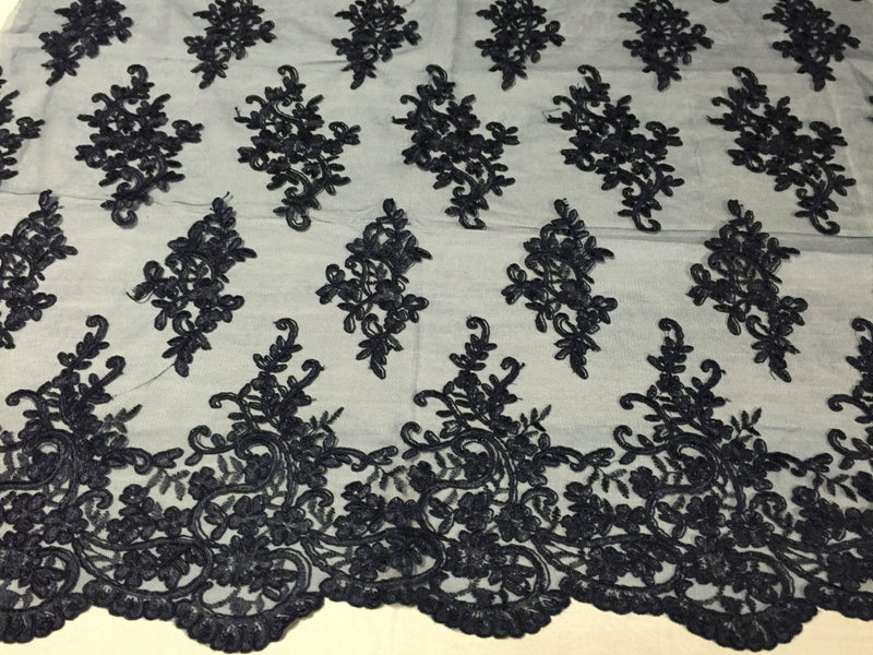 Navy blue classy paisley flowers embroider on a mesh lace -yard