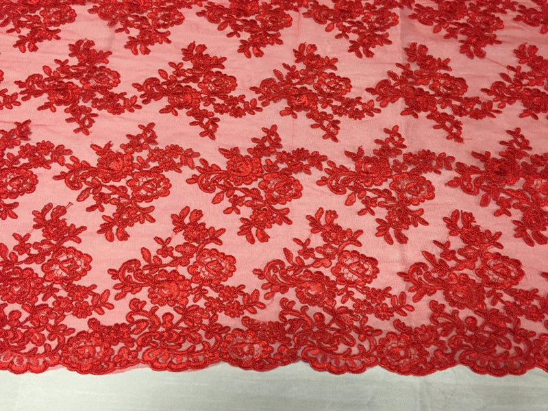Red modern roses embroider and corded on a mesh lace -yard