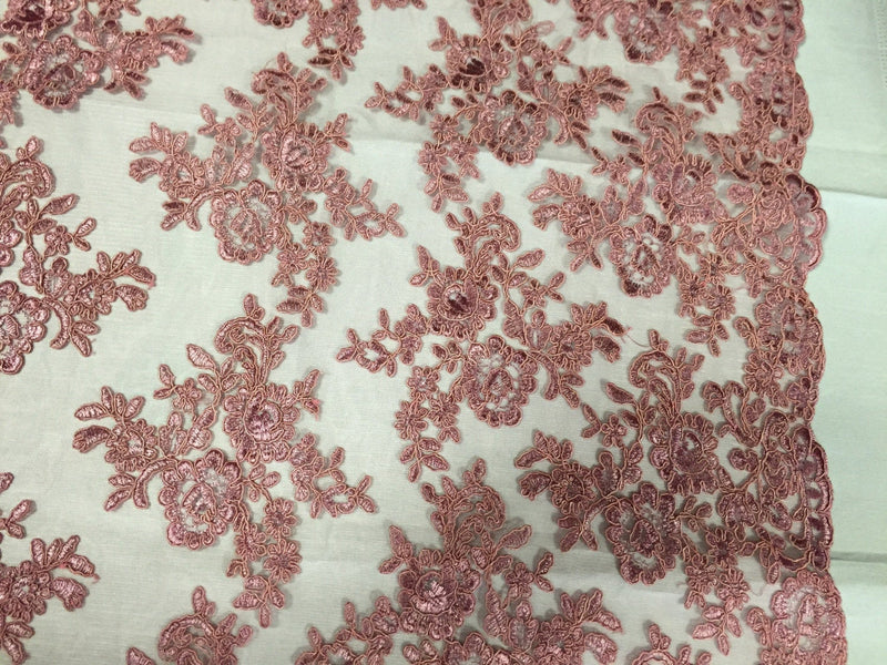 Dusty rose modern roses embroider and corded on a mesh lace -yard