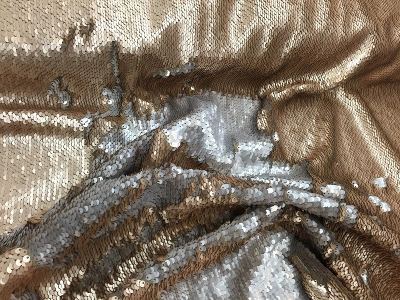 Matt gold/ matt silver hologram mermaid fish scales- 2 way stretch lycra- 2 tone flip flop sequins-apparel-decorations-dresses-sold by yard.