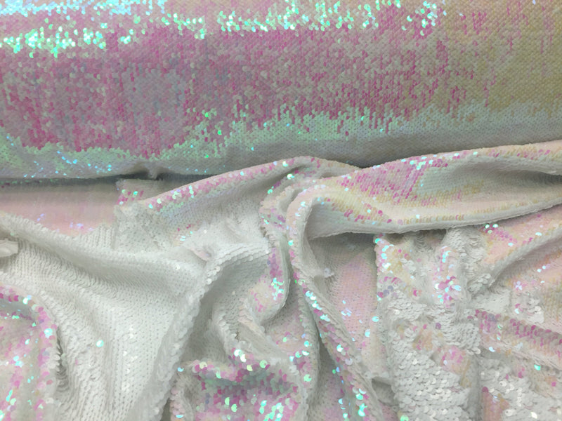 Matt white/pink hologram mermaid fish scales- 2 way stretch lycra- 2 tone flip flop sequins- sold by the yard.
