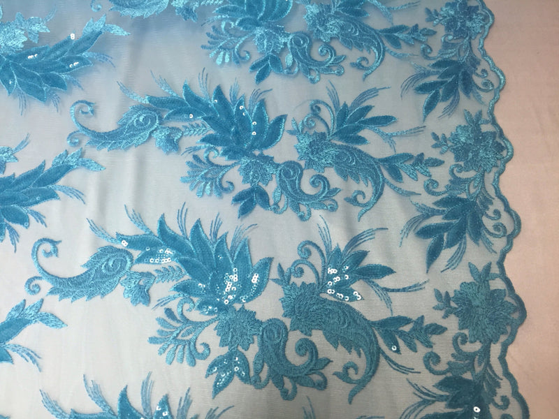 Turquoise paisley flowers embroider with sequins on a mesh lace fabric.wedding-bridal-prom-nightgown-dresses-fashion-sold by the yard.