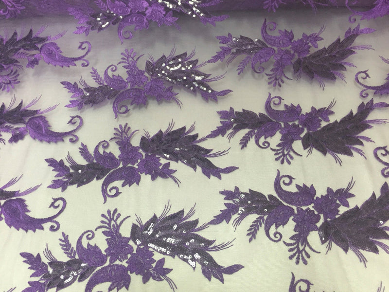 Purple paisley flowers embroider with sequins on a mesh lace fabric. Wedding-bridal-prom-nightgown fabric- sold by the yard.