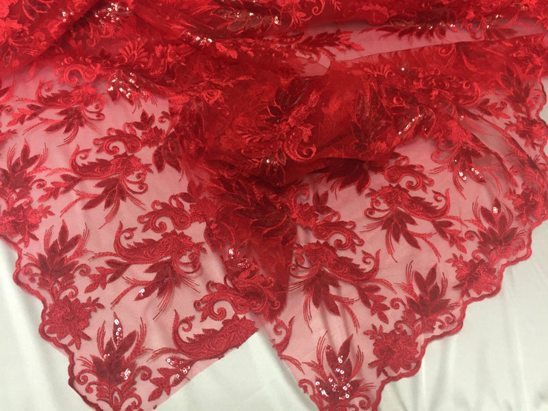 Red paisley flowers embroider with sequins on a mesh lace fabric- wedding-bridal-prom-nightgown fabric- sold by the yard.