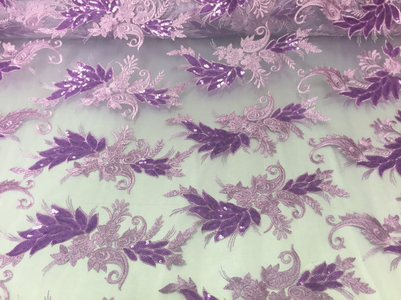 Lilac paisley flowers embroider with sequins on a mesh lace fabric- wedding-bridal-prom-nightgown fabric. Sold by the yard.