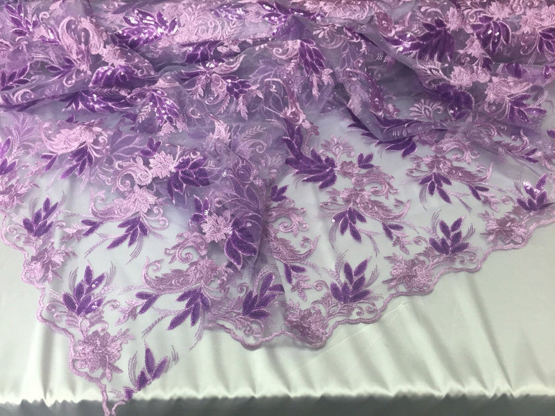Lilac paisley flowers embroider with sequins on a mesh lace fabric- wedding-bridal-prom-nightgown fabric. Sold by the yard.