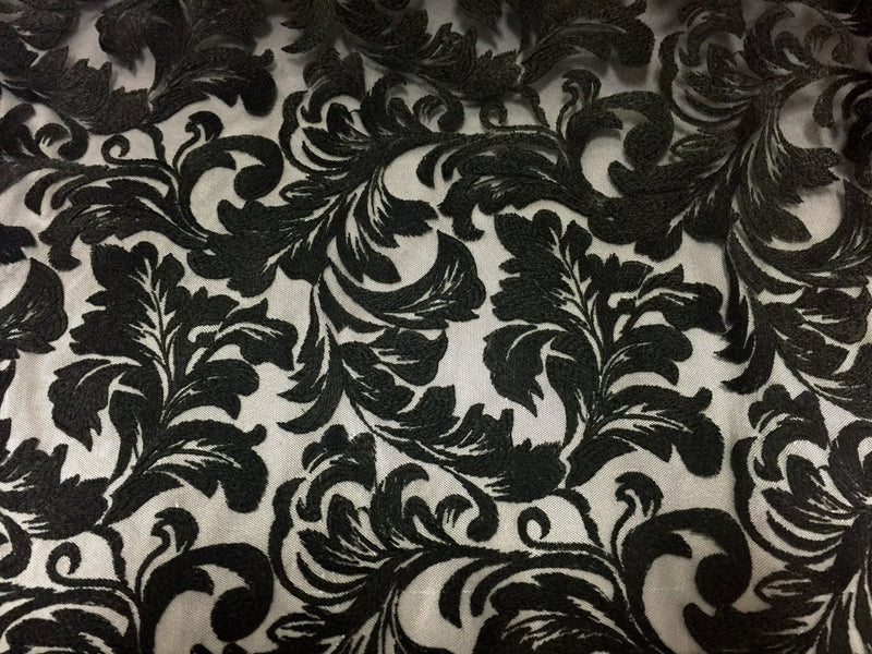 Black royalty leaf design-embroider on a black mesh lace fabric- wedding-bridal-prom-nightgown fabric- sold by the yard.