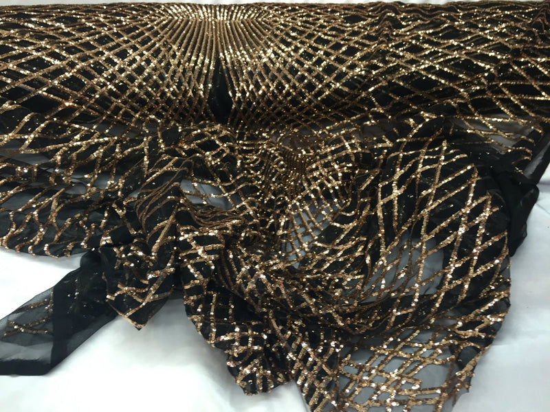 Gold venom dismond web-embroider with sequins on a black mesh lace fabric- wedding-bridal-prom-nightgown fabric-dresses-sold by the yard-