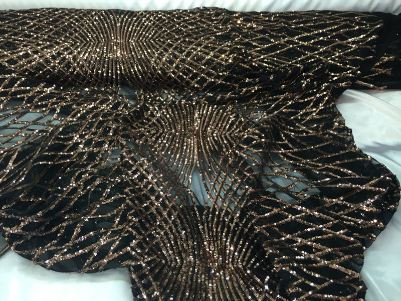 Bronze venom diamond web-embroider with sequins on a black mesh lace fabric-wedding-bridal-prom-nightgown fabric-sold by the yard.