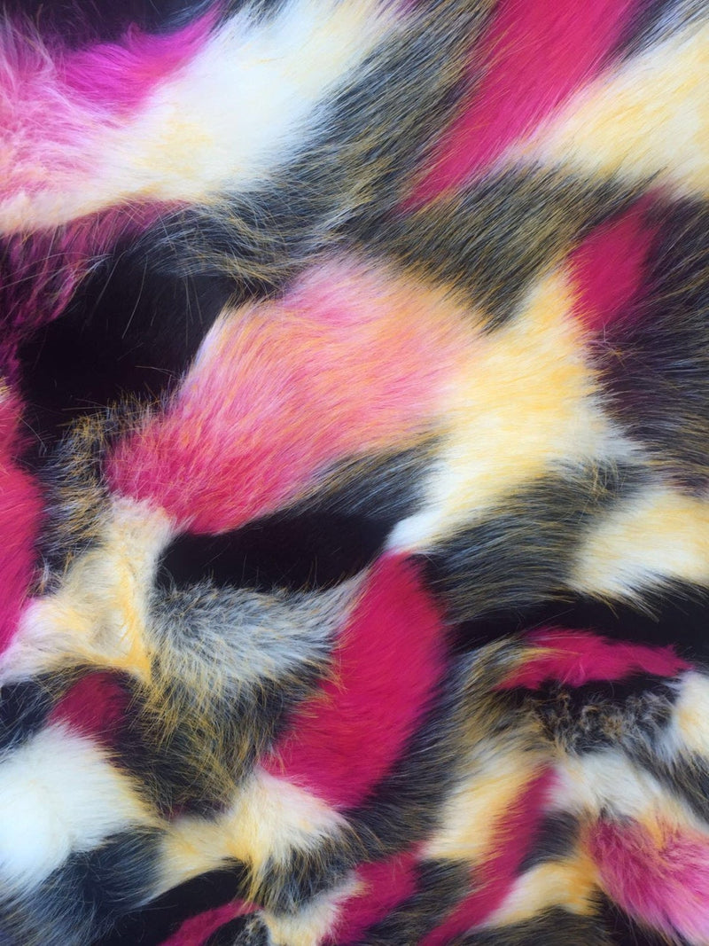 Fuchsia multi color jacquard faux fun fur-shaggy fun fur-super soft faux fun fur-fashion-decorations-apparel-throw blankets-sold by the yard