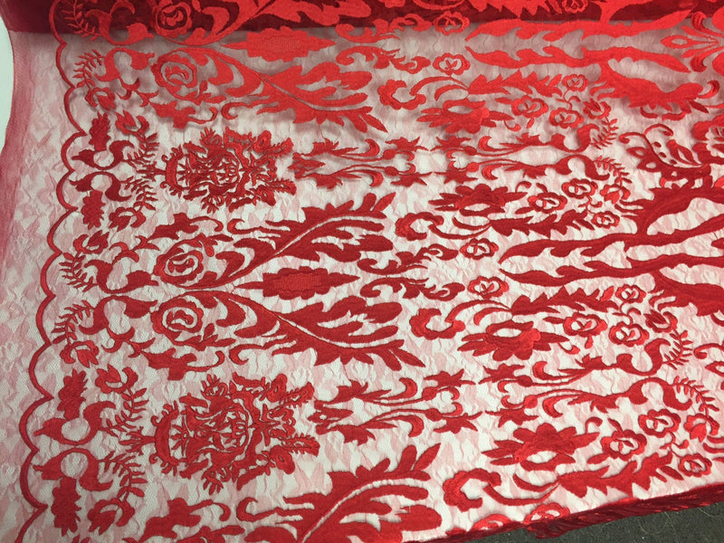 Red damask design embroider on a 2 way stretch mesh lace fabric-wedding-bridal-prom-nightgown-sold by the yard-