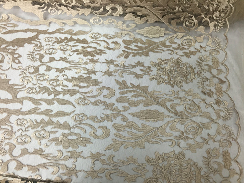 Champagne damask design embroider on a 2 way stretch mesh lace fabric-wedding-bridal-prom-nightgown-sold by the yard-