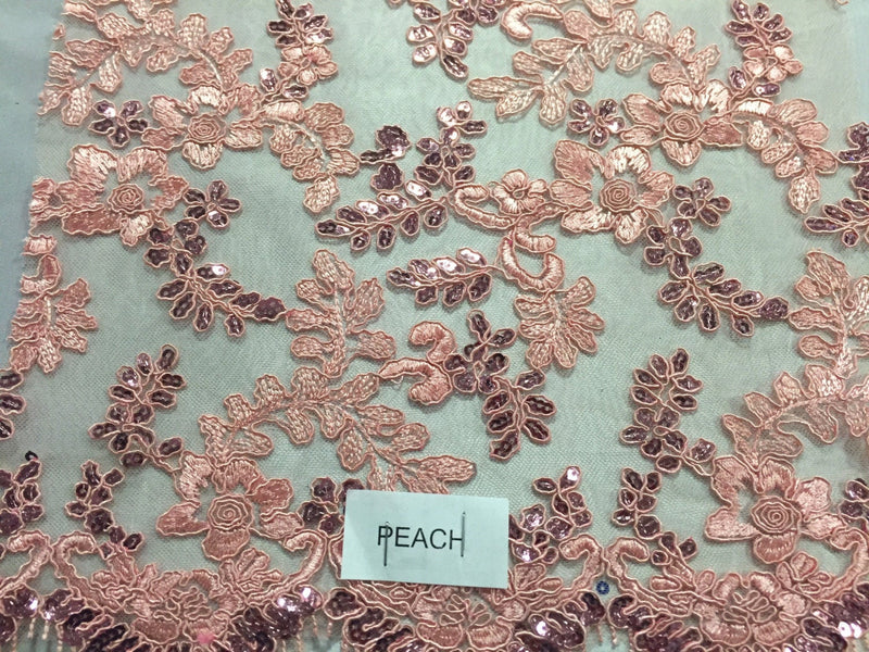 Peach corded flowers embroided with sequins on mesh lace fabric - yard