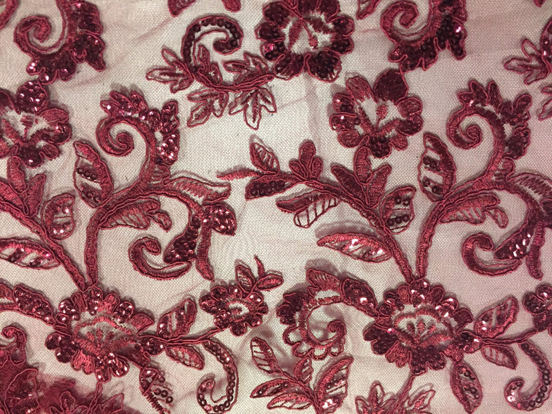 Burgundy corded flowers embroider with sequins on a mesh lace fabric-wedding-bridal-prom-nightgown-dresses-fashion-sold by the yard.