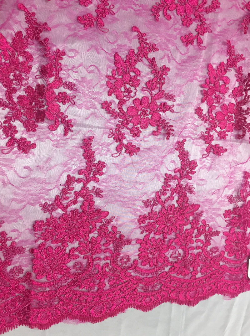 Fuchsia french corded flowers embroider on a design mesh lace fabric-sold by the yard-