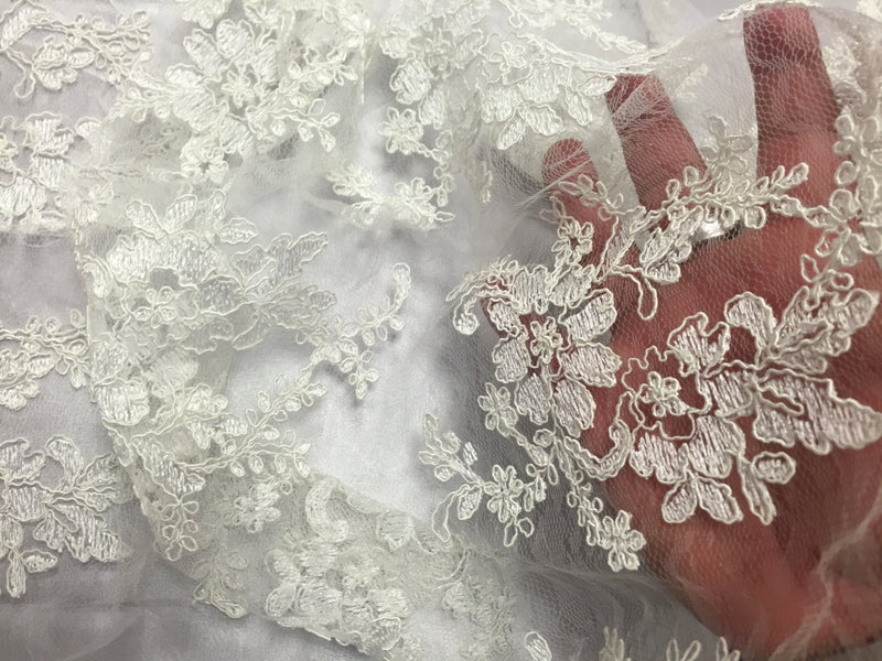 Ivory french corded flowers embroider on a design mesh lace fabric-wedding-bridal-prom-nightgown-decorations-sold by the yard.