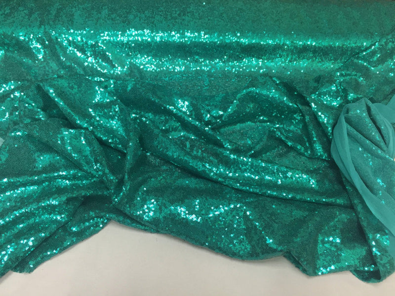 Teal green mermaid fish scales-mini sequins embroider on a 2 way stretch mesh fabric-prom-nightgown-decorations-dresses-sold by the yard-