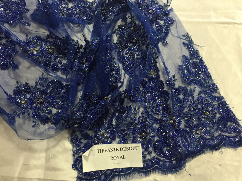 Royal blue flowers embroidsr and heavy beaded on a mesh lace fabric-dresses-fashion-decorations-nightgown-prom-sold by the yard.